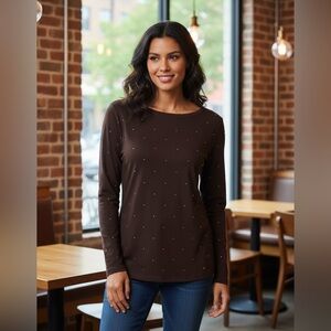 Chicos chocolate brown boat neck sweater size XS copper studs long sleeve rayon